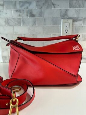 Loewe Red Puzzle Leather Shoulder Bag with Gold Hardware